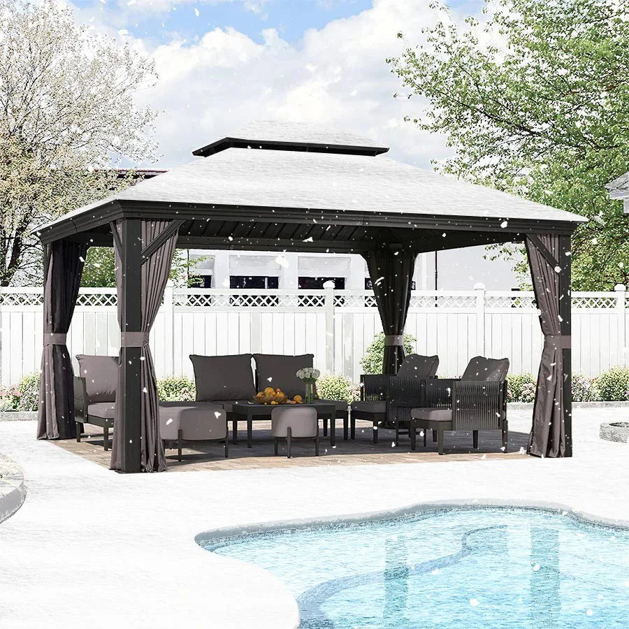 PURPLE LEAF Tonnelle De Jardin Exterieur Tonnelle Pergola Aluminum Avec Moustiquaire Et Rideaux Pavillon De Jardin à Double Toit Acier Galvanisé, Gris