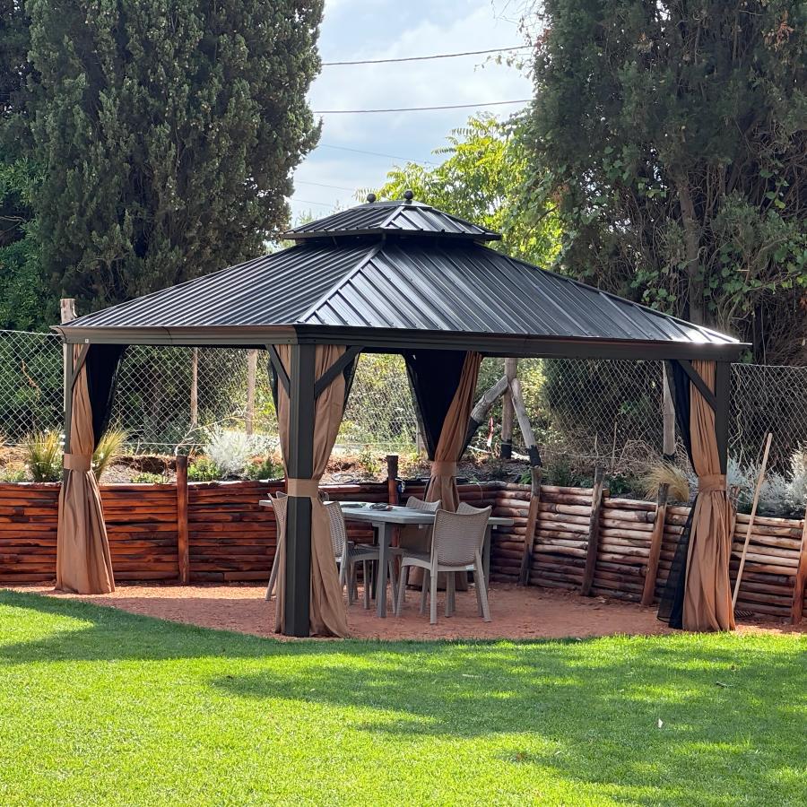 PURPLE LEAF Tonnelle de Jardin Toit Rigide - Pavillon de Terrasse avec Rideaux & Moustiquaire, Anti-Vent & Pluie, Structure Aluminium & Acier Galvanisé Bronze
