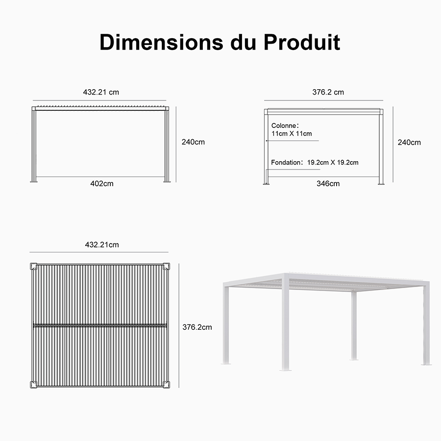 PURPLE LEAF Pergola Bioclimatique Pergola Aluminium Lames Orientables Tonnelle de Jardin Imperméable pour Terrasse Extérieur Carport, Blanc