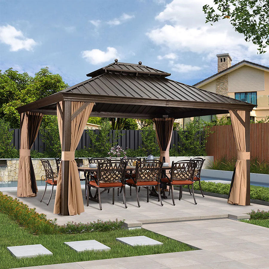 PURPLE LEAF Tonnelle De Jardin Tonnelle Pergola Aluminum Avec Moustiquaire Et Rideaux Pavillon De Jardin à Double Toit Acier Galvanisé, Bronze