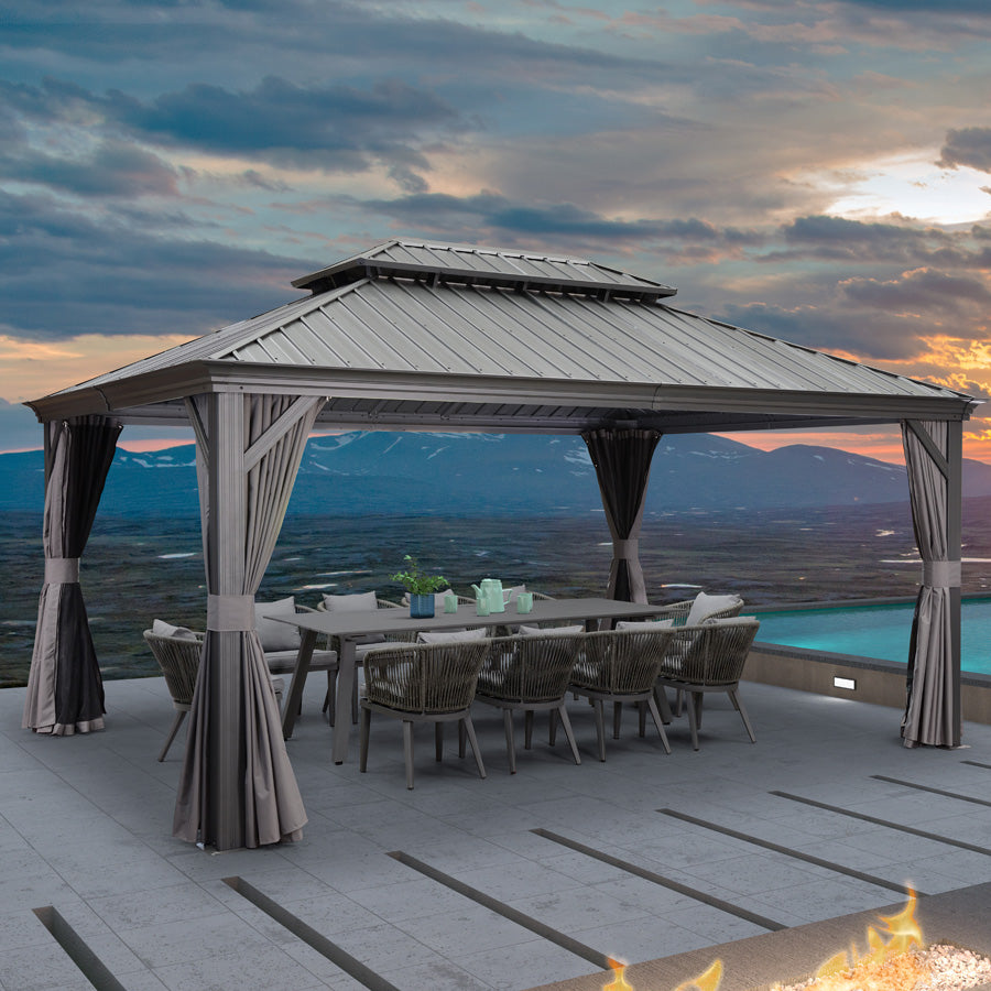 PURPLE LEAF Tonnelle De Jardin Exterieur Tonnelle Pergola Aluminum Avec Moustiquaire Et Rideaux Pavillon De Jardin à Double Toit Acier Galvanisé, Gris