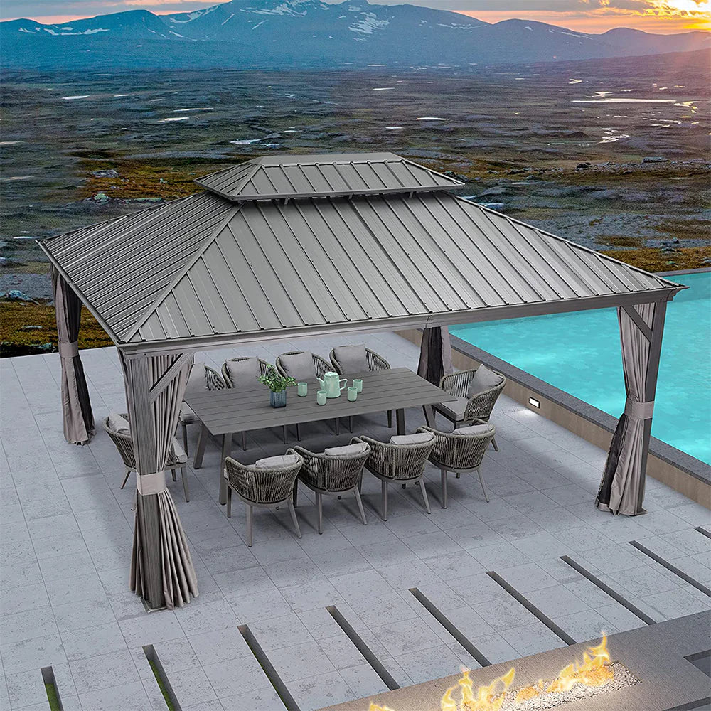 PURPLE LEAF Tonnelle De Jardin Exterieur Tonnelle Pergola Aluminum Avec Moustiquaire Et Rideaux Pavillon De Jardin à Double Toit Acier Galvanisé, Gris