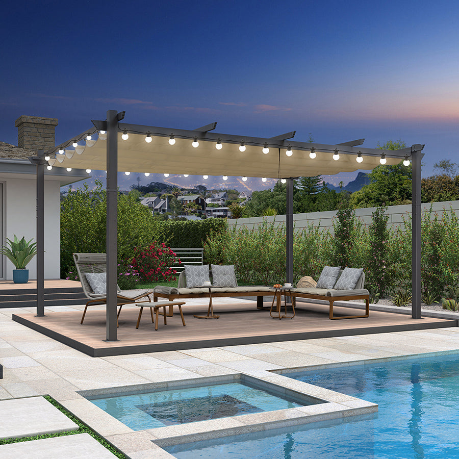 PURPLE LEAF Pergola Aluminium Tissu Teint en Fil Pergola pour Terrasse Exterieur, Toit Coulissante, Pavillon De Jardin Guirlande Lumineuse Blanc Lait