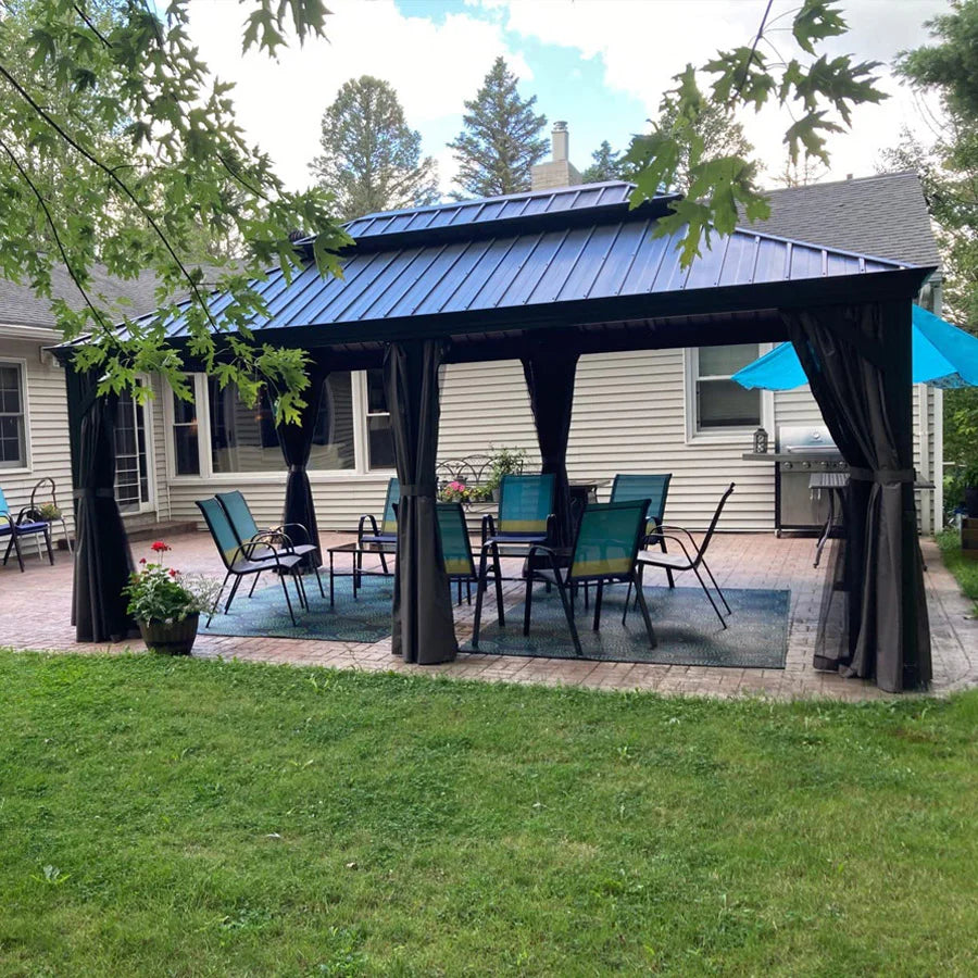 PURPLE LEAF Tonnelle De Jardin Exterieur Tonnelle Pergola Aluminum Avec Moustiquaire Et Rideaux Pavillon De Jardin à Double Toit Acier Galvanisé, Gris