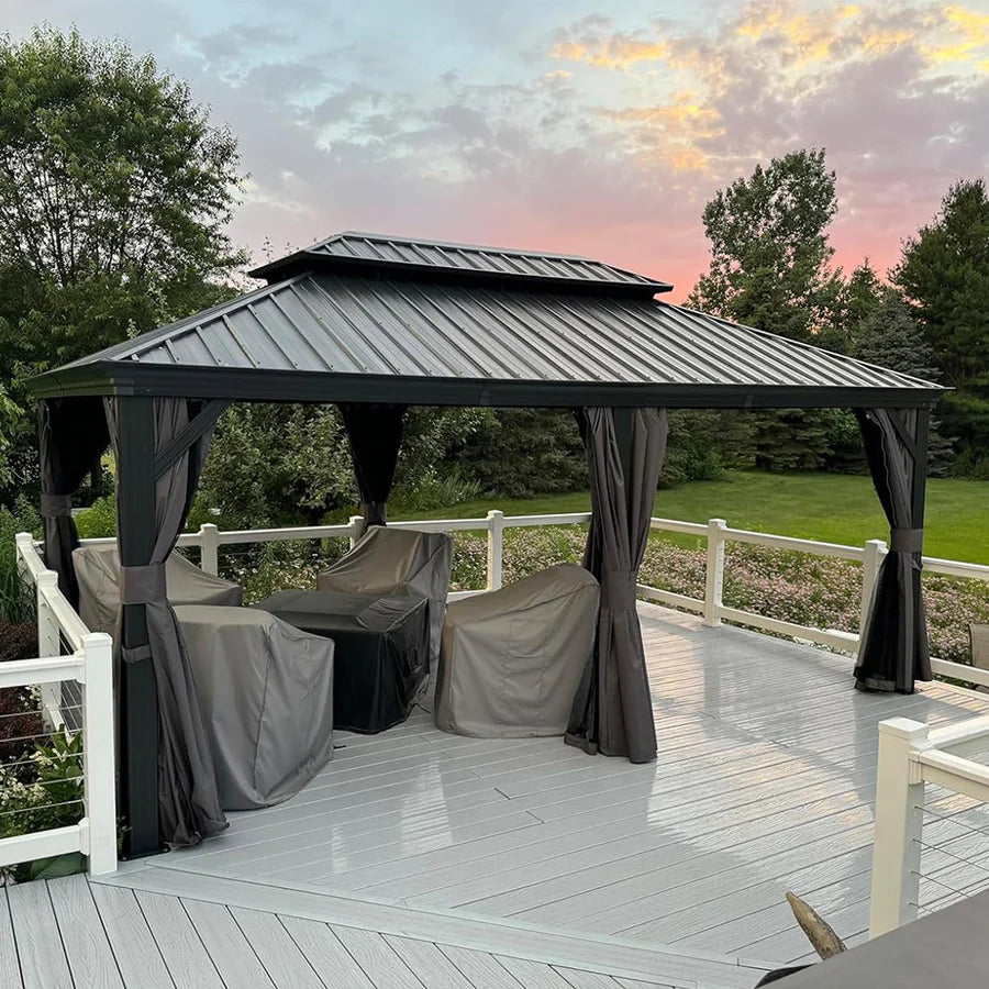 PURPLE LEAF Tonnelle De Jardin Exterieur Tonnelle Pergola Aluminum Avec Moustiquaire Et Rideaux Pavillon De Jardin à Double Toit Acier Galvanisé, Gris