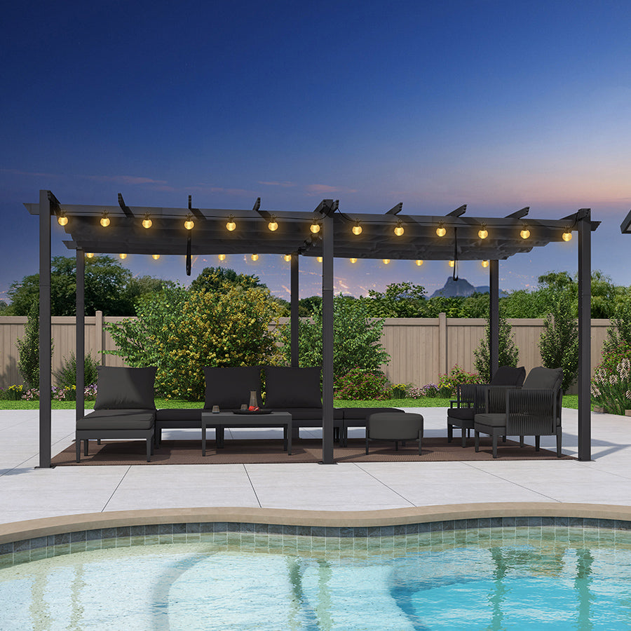 PURPLE LEAF Pergola Aluminium Tissu Teint en Fil avec Guirlande Lumineuse à Ampoules Transparentes Pergola pour Terrasse Exterieur Toit Coulissante Pavillon De Jardin