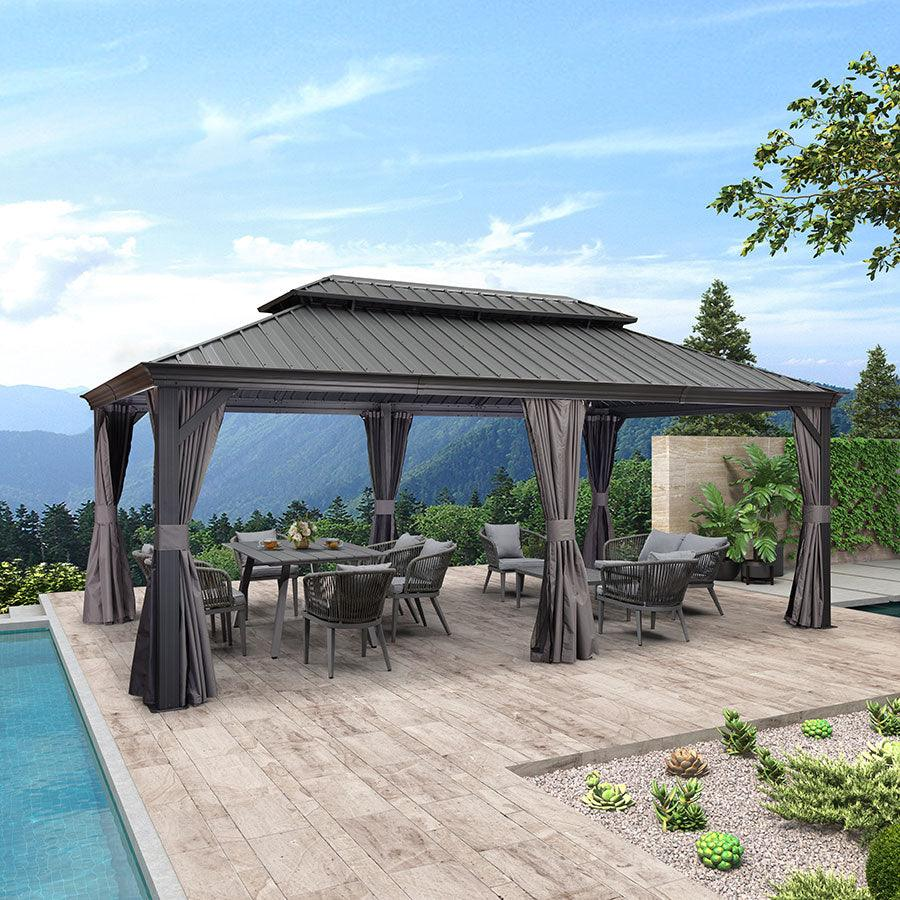 PURPLE LEAF Tonnelle De Jardin Exterieur Tonnelle Pergola Aluminum Avec Moustiquaire Et Rideaux Pavillon De Jardin à Double Toit Acier Galvanisé, Gris