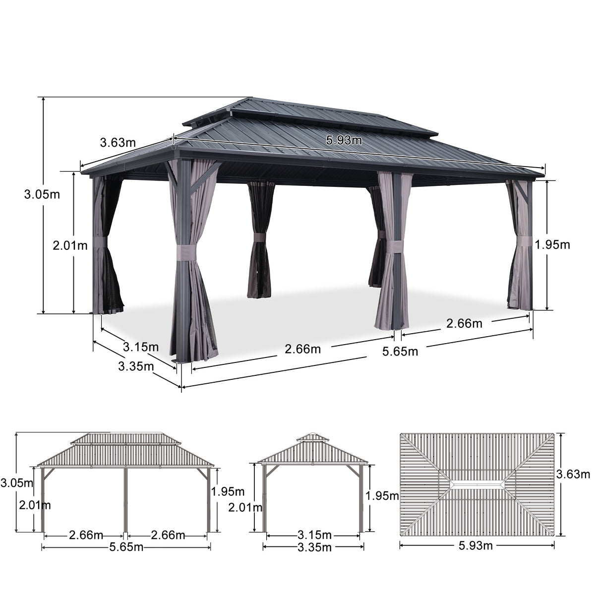 PURPLE LEAF Tonnelle de Jardin Gamme Raffinée Gris Anthracite - Pavillon Toit Rigide Double Anti-Vent avec Rideaux & Moustiquaire