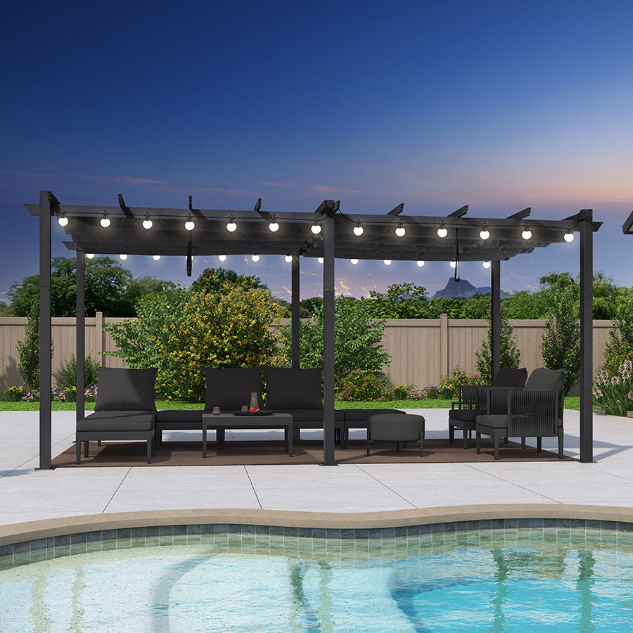 PURPLE LEAF Pergola Aluminium Tissu Teint en Fil Pergola pour Terrasse Exterieur, Toit Coulissante, Pavillon De Jardin Guirlande Lumineuse Blanc Lait