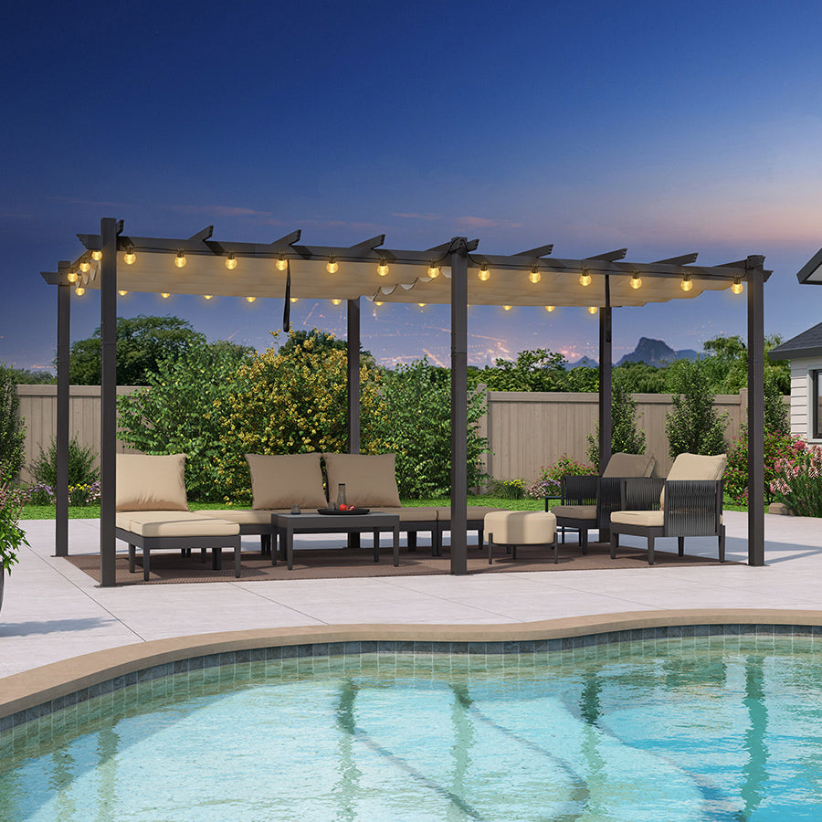 PURPLE LEAF Pergola Aluminium Tissu Teint en Fil avec Guirlande Lumineuse à Ampoules Transparentes Pergola pour Terrasse Exterieur Toit Coulissante Pavillon De Jardin