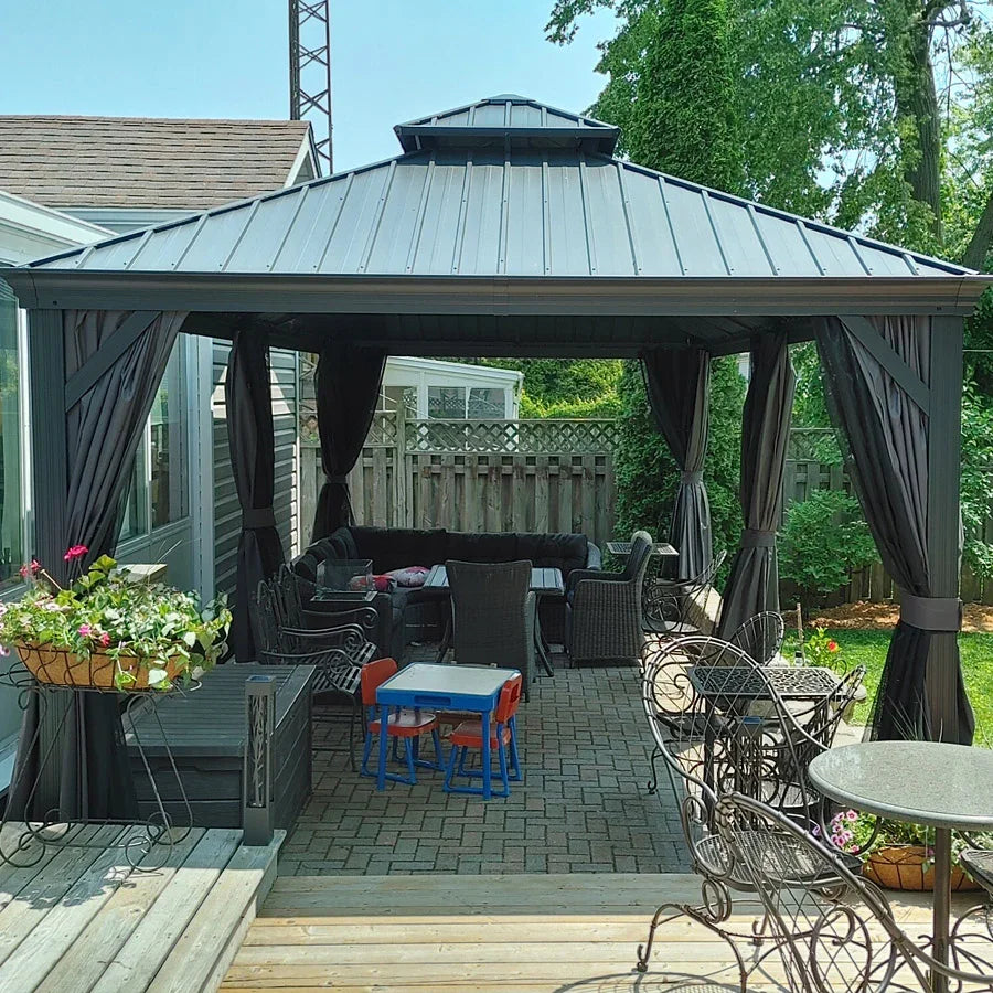 PURPLE LEAF Tonnelle De Jardin Exterieur Tonnelle Pergola Aluminum Avec Moustiquaire Et Rideaux Pavillon De Jardin à Double Toit Acier Galvanisé, Gris