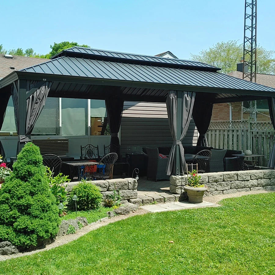PURPLE LEAF Tonnelle De Jardin Exterieur Tonnelle Pergola Aluminum Avec Moustiquaire Et Rideaux Pavillon De Jardin à Double Toit Acier Galvanisé, Gris