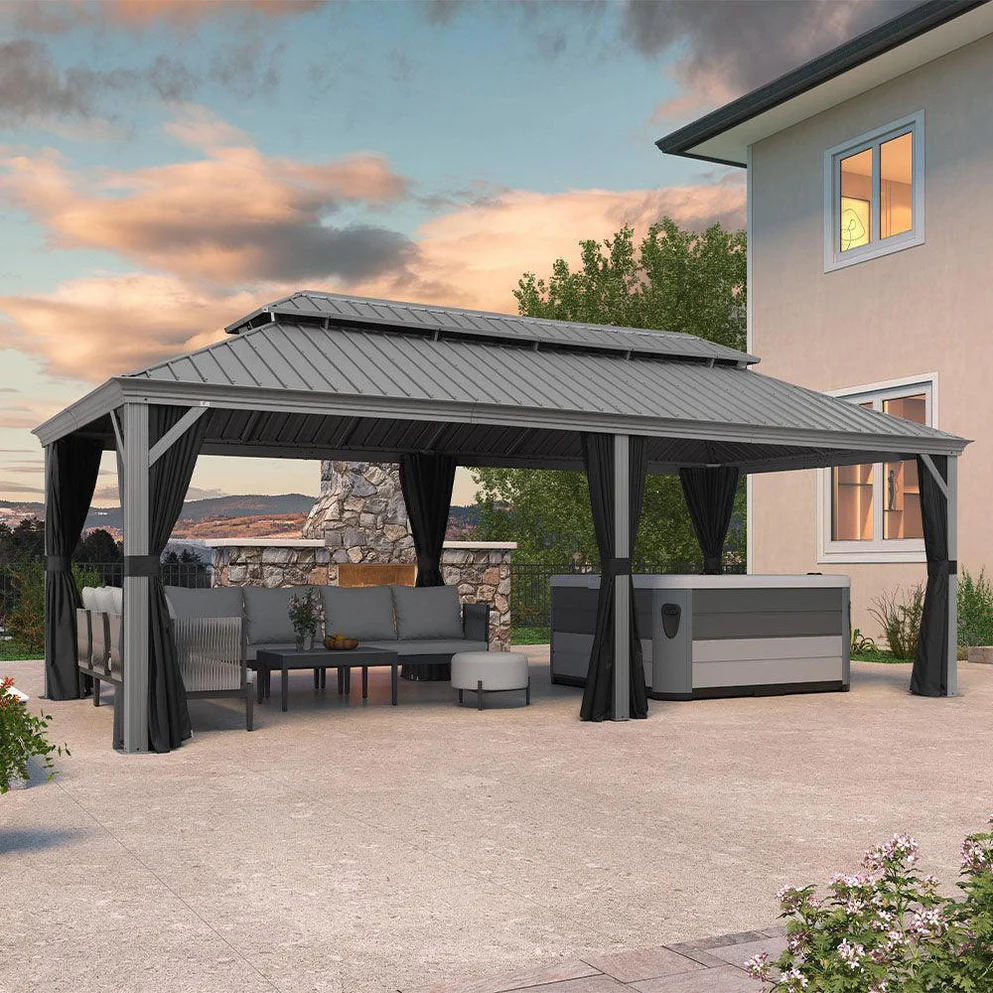 PURPLE LEAF Tonnelle de Jardin Pour Terrasse, Abris de Soleil Avec Toit Rigide en Acier Galvanisé, Equipée de Rideaux, Gris Clair