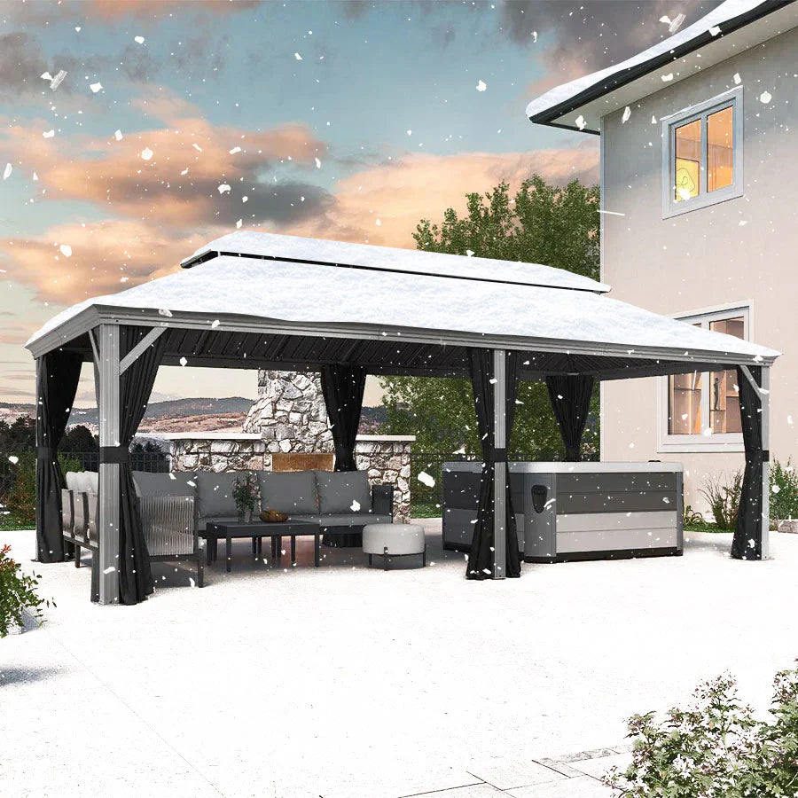 PURPLE LEAF Tonnelle de Jardin Pour Terrasse, Abris de Soleil Avec Toit Rigide en Acier Galvanisé, Equipée de Rideaux, Gris Clair