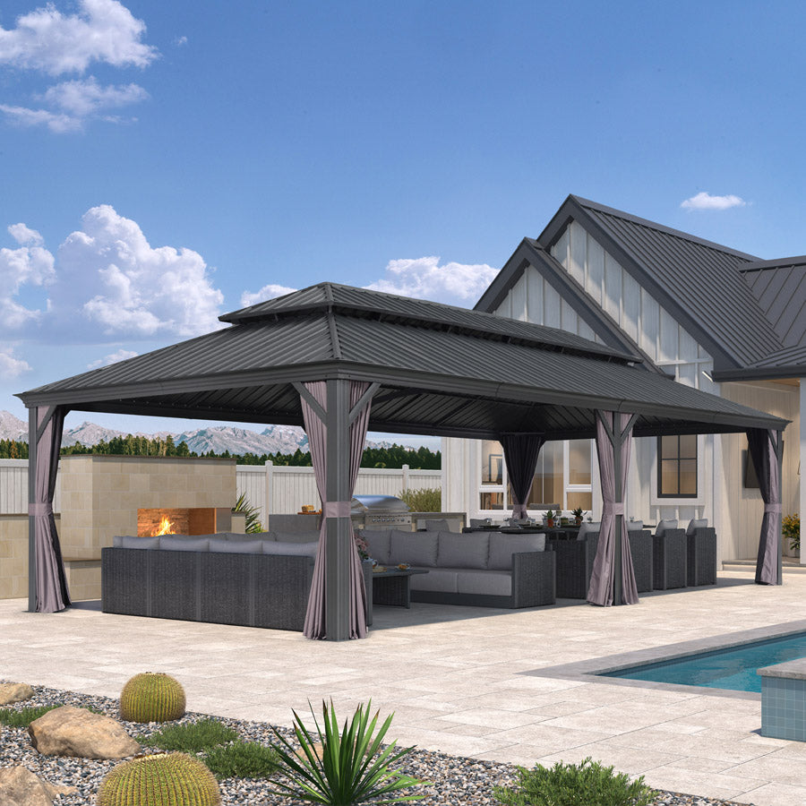 PURPLE LEAF Tonnelle De Jardin Exterieur Tonnelle Pergola Aluminum Avec Moustiquaire Et Rideaux Pavillon De Jardin à Double Toit Acier Galvanisé, Gris