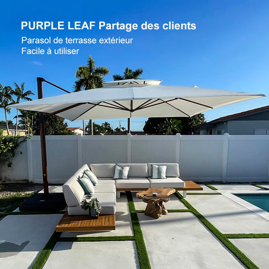 PURPLE LEAF Parasol Déporté Inclinable Grain de Bois en Aluminium Parasol De Jardin Extérieur Toit à Double Rotatif 360°
