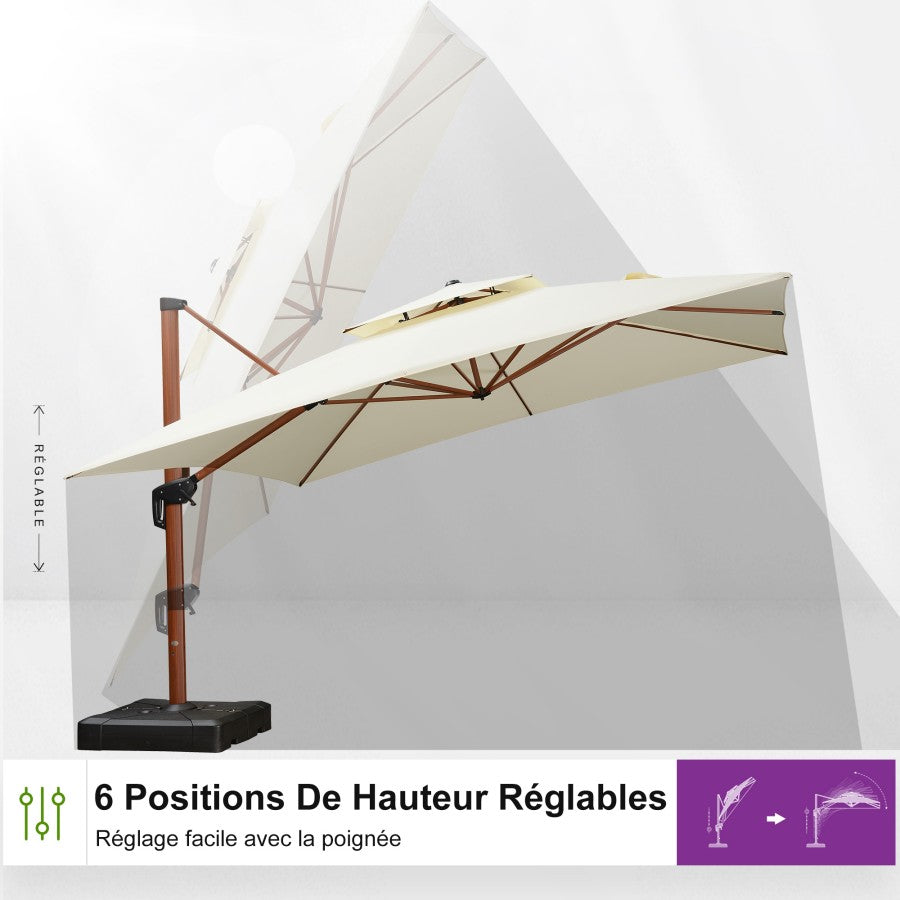 PURPLE LEAF Parasol Déporté Carré Grain de Bois en Aluminium avec socle