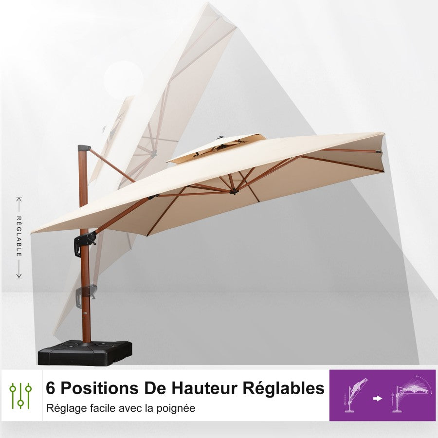 PURPLE LEAF Parasol Déporté Inclinable Grain de Bois en Aluminium Parasol De Jardin Extérieur Toit à Double Rotatif 360°