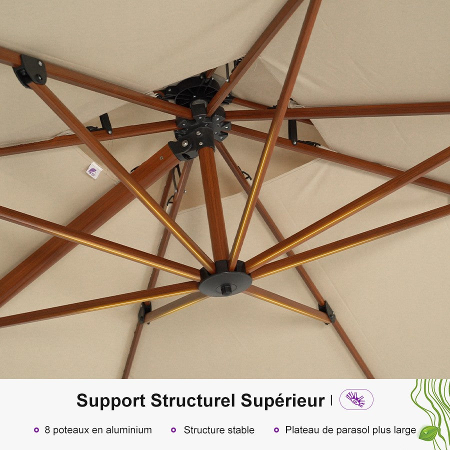 PURPLE LEAF Parasol Rectangulaire Grain de Bois en Aluminium Parasol De Jardin Extérieur Toit à Double Rotatif 360°