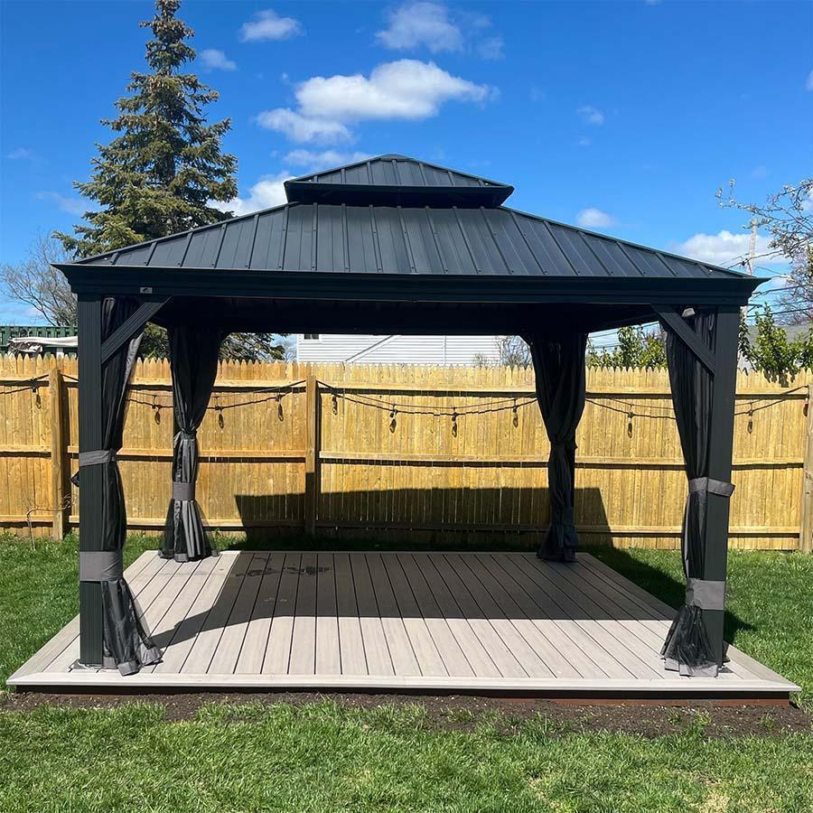 PURPLE LEAF Tonnelle De Jardin Exterieur Tonnelle Pergola Aluminum Avec Moustiquaire Et Rideaux Pavillon De Jardin à Double Toit Acier Galvanisé, Gris