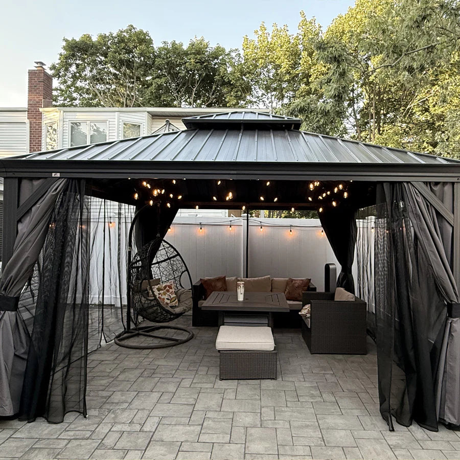 PURPLE LEAF Tonnelle De Jardin Exterieur Tonnelle Pergola Aluminum Avec Moustiquaire Et Rideaux Pavillon De Jardin à Double Toit Acier Galvanisé, Gris
