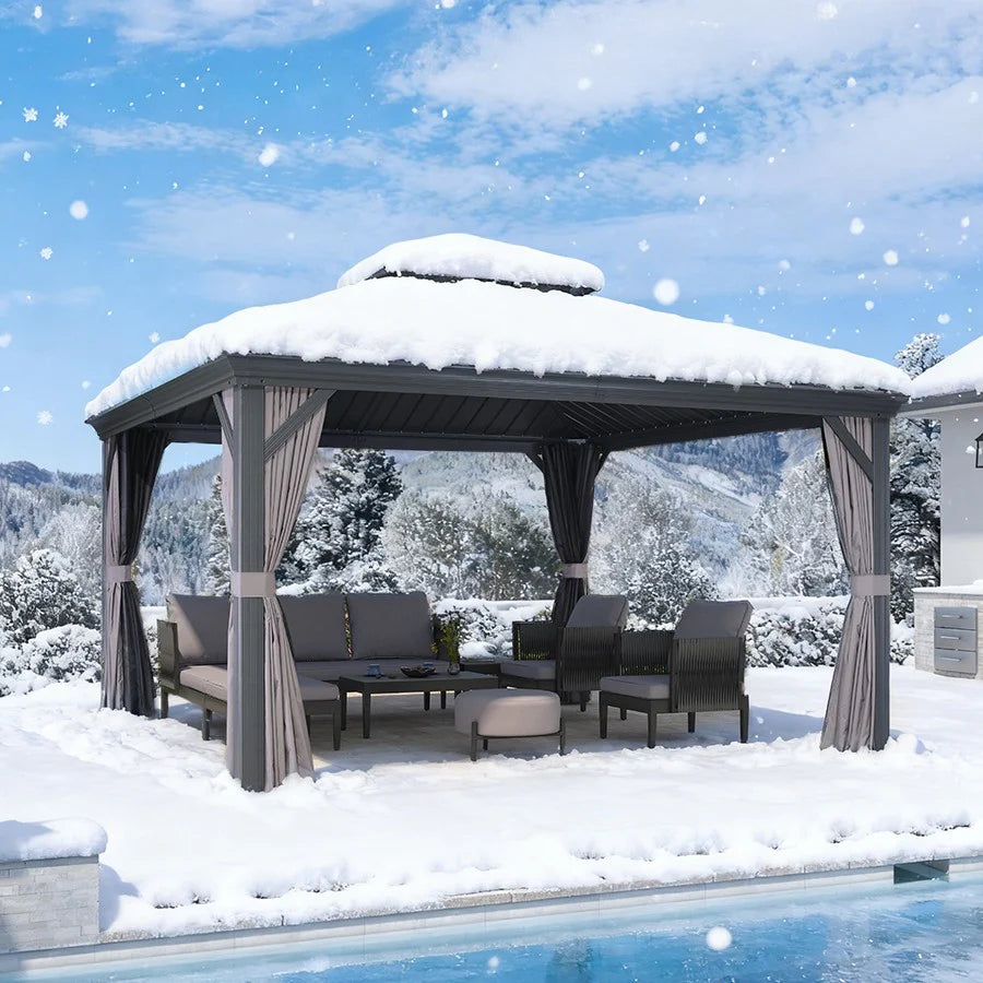 PURPLE LEAF Tonnelle De Jardin Exterieur Tonnelle Pergola Aluminum Avec Moustiquaire Et Rideaux Pavillon De Jardin à Double Toit Acier Galvanisé, Gris