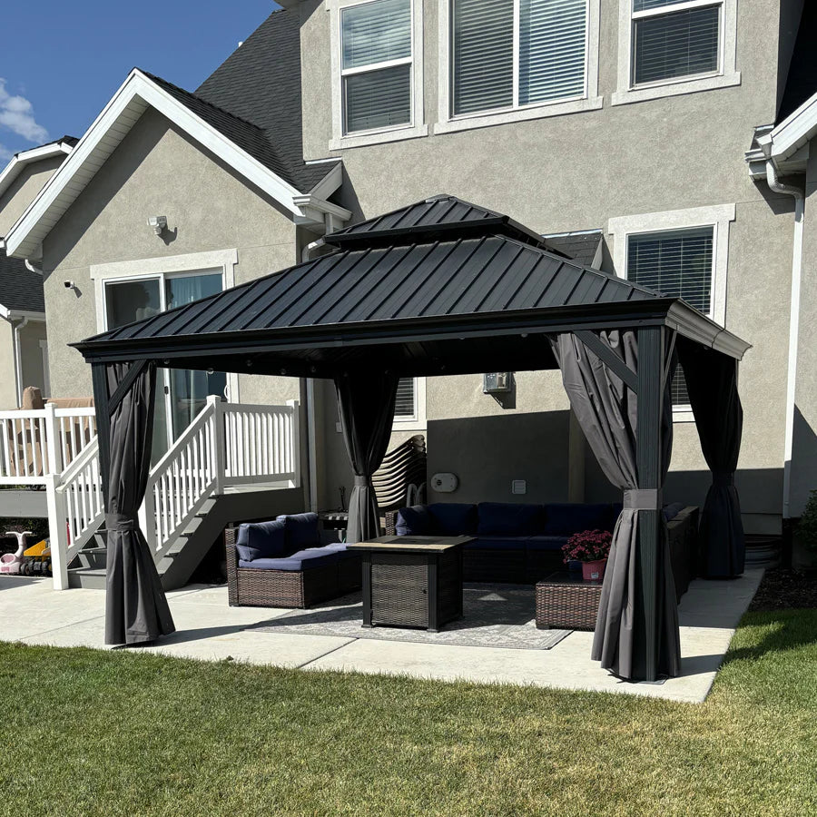 PURPLE LEAF Tonnelle De Jardin Exterieur Tonnelle Pergola Aluminum Avec Moustiquaire Et Rideaux Pavillon De Jardin à Double Toit Acier Galvanisé, Gris
