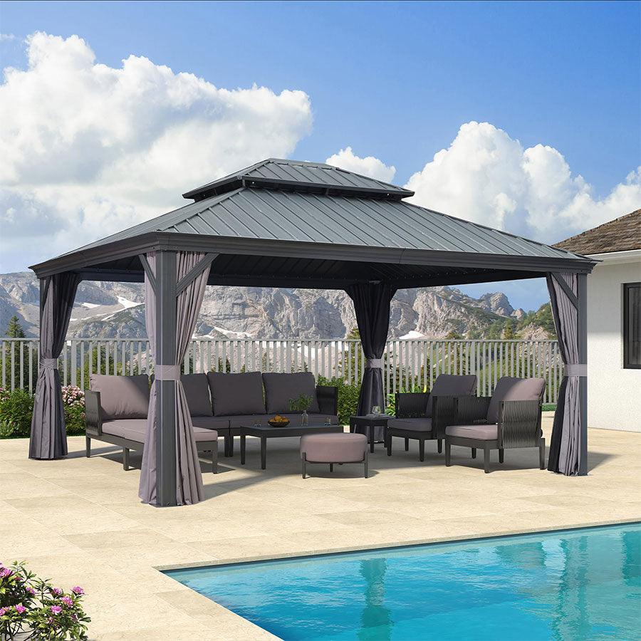 PURPLE LEAF Tonnelle De Jardin Exterieur Tonnelle Pergola Aluminum Avec Moustiquaire Et Rideaux Pavillon De Jardin à Double Toit Acier Galvanisé, Gris