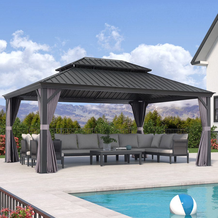 PURPLE LEAF Tonnelle De Jardin Exterieur Tonnelle Pergola Aluminum Avec Moustiquaire Et Rideaux Pavillon De Jardin à Double Toit Acier Galvanisé, Gris