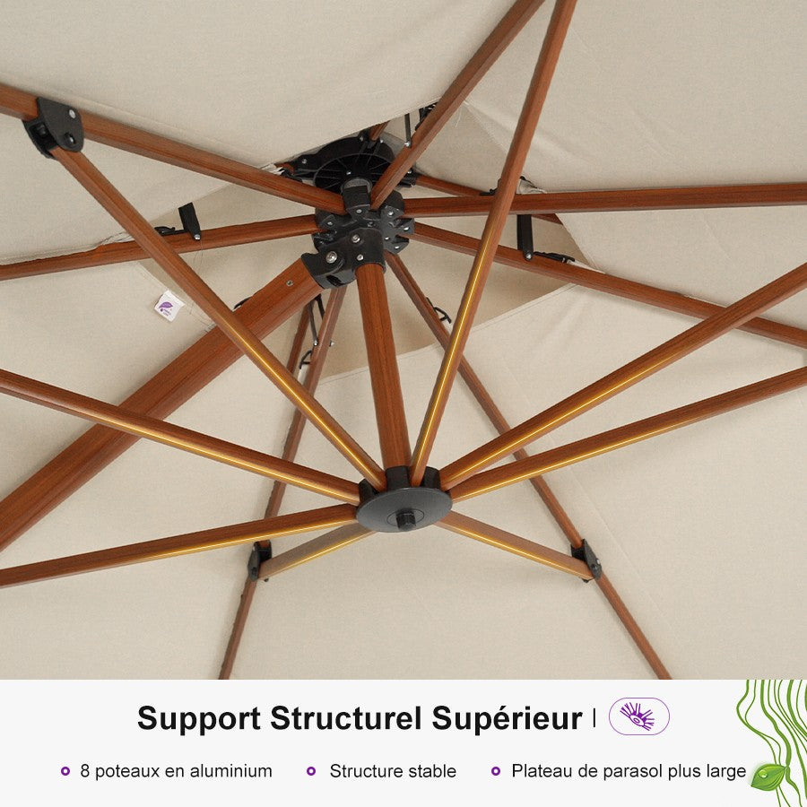 PURPLE LEAF Parasol Déporté Inclinable Grain de Bois en Aluminium Parasol De Jardin Extérieur Toit à Double Rotatif 360°