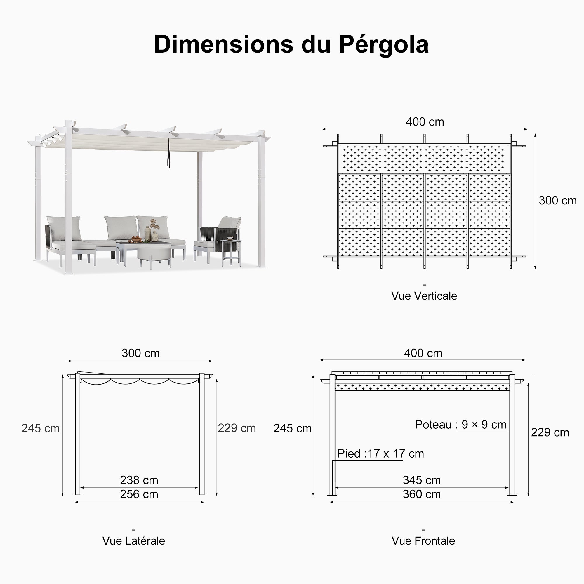 PURPLE LEAF Pergola rétractable d'extérieur avec double abri solaire Blanc Heavy-Duty Aluminium Pergola Patio Pergola moderne pour jardin deck arrière-cour