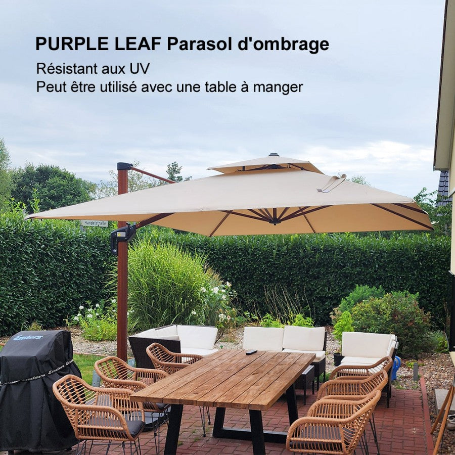 PURPLE LEAF Parasol Déporté Inclinable Grain de Bois en Aluminium Parasol De Jardin Extérieur Toit à Double Rotatif 360°