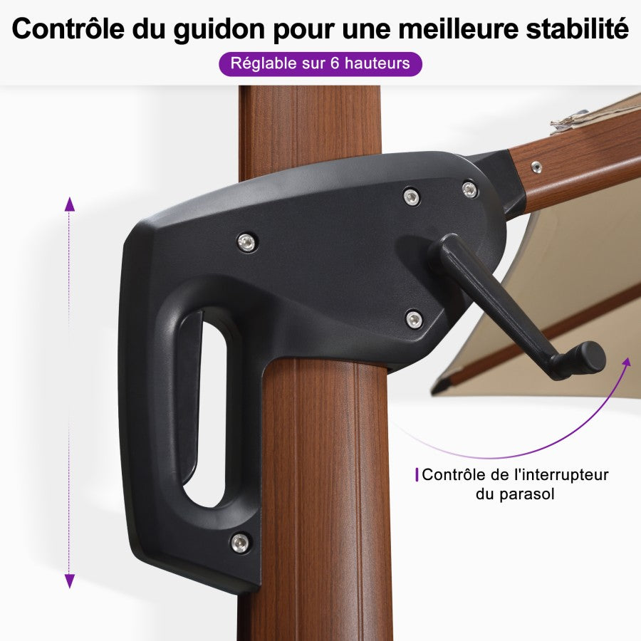 PURPLE LEAF Parasol Déporté Carré Grain de Bois en Aluminium avec socle