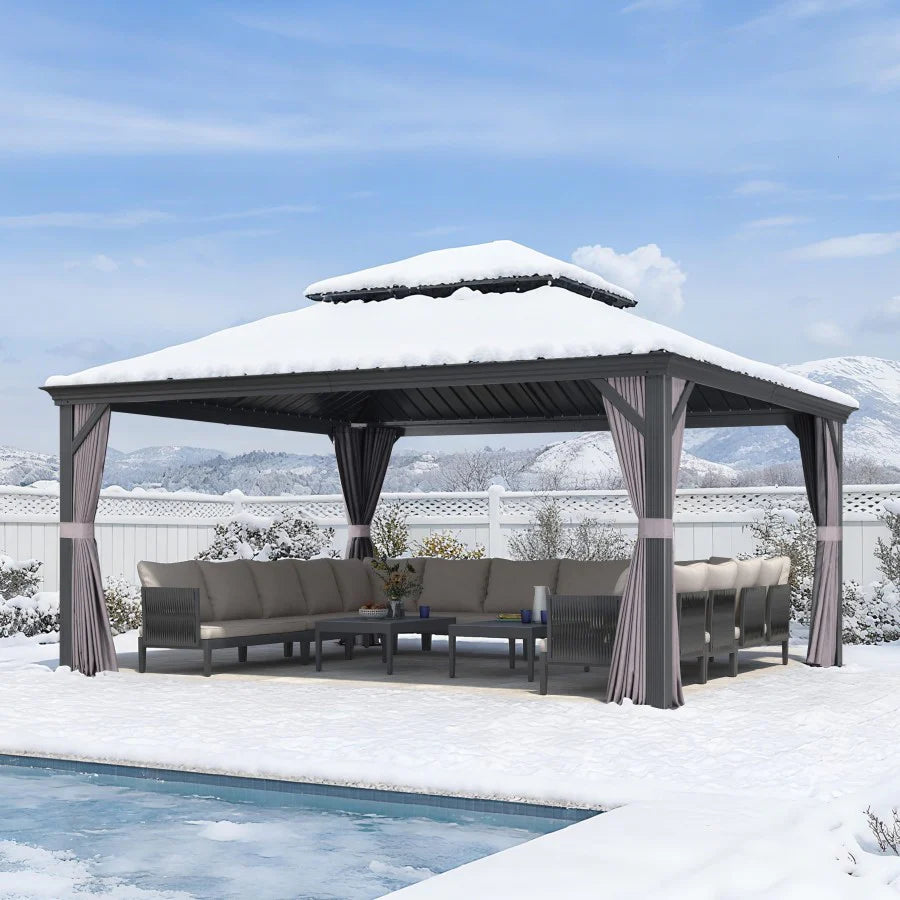 PURPLE LEAF Tonnelle De Jardin Exterieur Tonnelle Pergola Aluminum Avec Moustiquaire Et Rideaux Pavillon De Jardin à Double Toit Acier Galvanisé, Gris