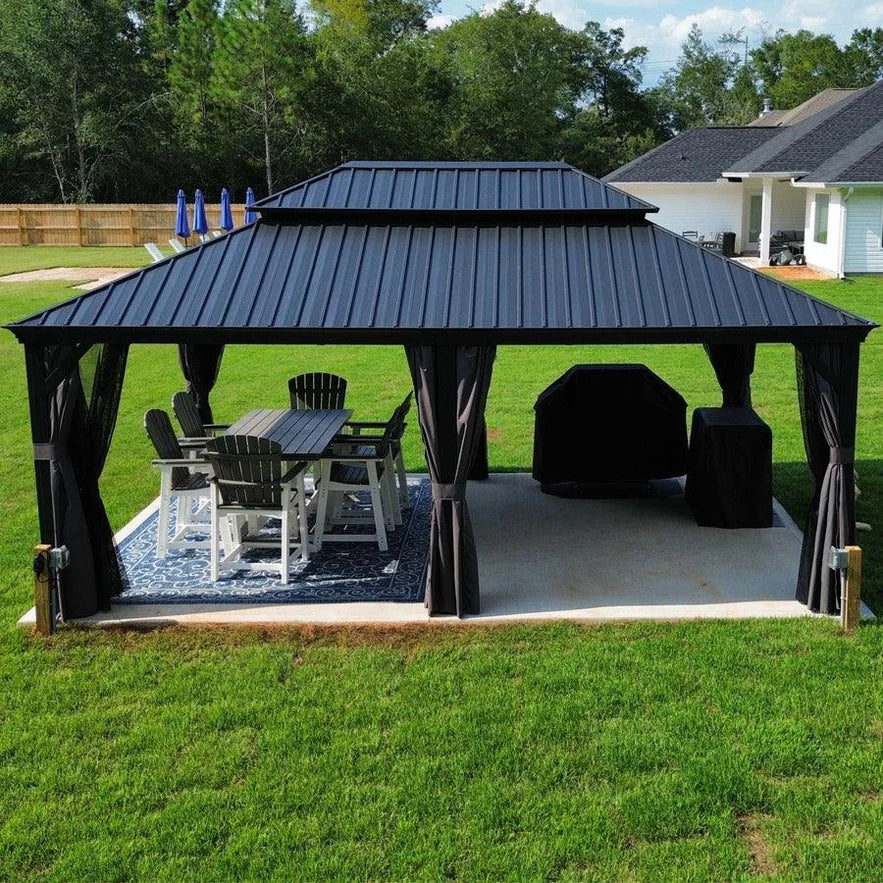 PURPLE LEAF Tonnelle De Jardin Exterieur Tonnelle Pergola Aluminum Avec Moustiquaire Et Rideaux Pavillon De Jardin à Double Toit Acier Galvanisé, Gris