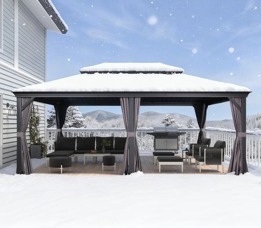 PURPLE LEAF Tonnelle De Jardin Exterieur Tonnelle Pergola Aluminum Avec Moustiquaire Et Rideaux Pavillon De Jardin à Double Toit Acier Galvanisé, Gris