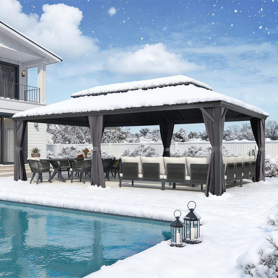 PURPLE LEAF Tonnelle De Jardin Exterieur Tonnelle Pergola Aluminum Avec Moustiquaire Et Rideaux Pavillon De Jardin à Double Toit Acier Galvanisé, Gris