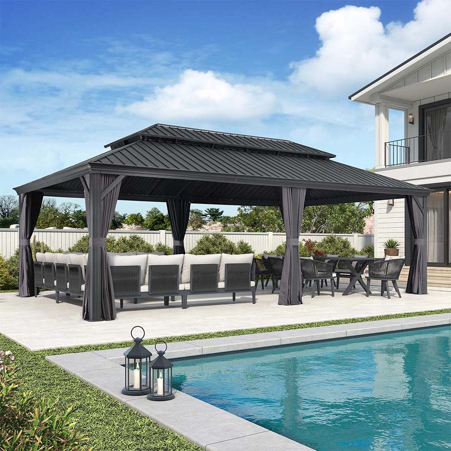 PURPLE LEAF Tonnelle De Jardin Exterieur Tonnelle Pergola Aluminum Avec Moustiquaire Et Rideaux Pavillon De Jardin à Double Toit Acier Galvanisé, Gris