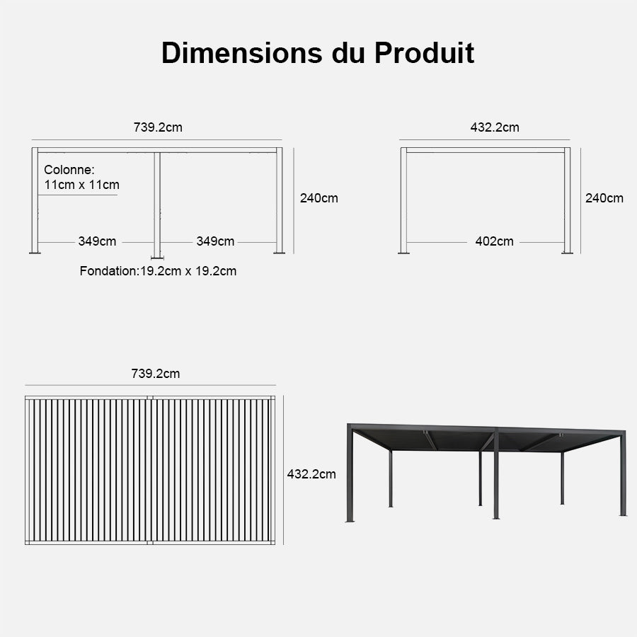 PURPLE LEAF Pergola Bioclimatique Pergola Aluminium Lames Orientables Tonnelle de Jardin Imperméable pour Terrasse Extérieur Carport, Gris