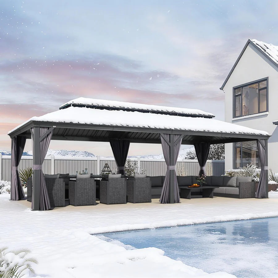 PURPLE LEAF Tonnelle De Jardin Exterieur Tonnelle Pergola Aluminum Avec Moustiquaire Et Rideaux Pavillon De Jardin à Double Toit Acier Galvanisé, Gris