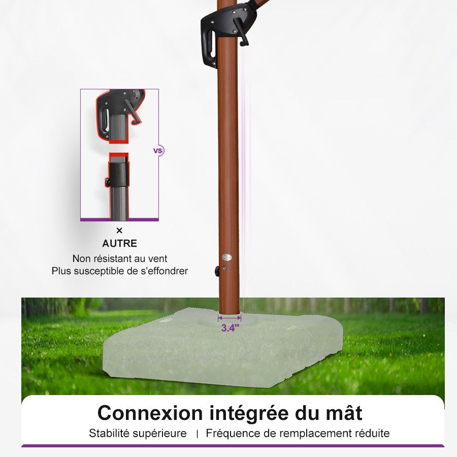 PURPLE LEAF Parasol Déporté Inclinable Grain de Bois en Aluminium Parasol De Jardin Extérieur Toit à Double Rotatif 360°