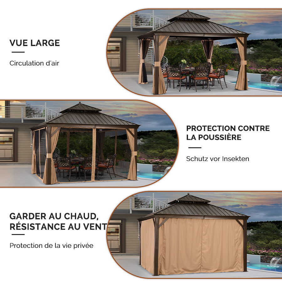 PURPLE LEAF Tonnelle De Jardin Tonnelle Pergola Aluminum Avec Moustiquaire Et Rideaux Pavillon De Jardin à Double Toit Acier Galvanisé, Bronze