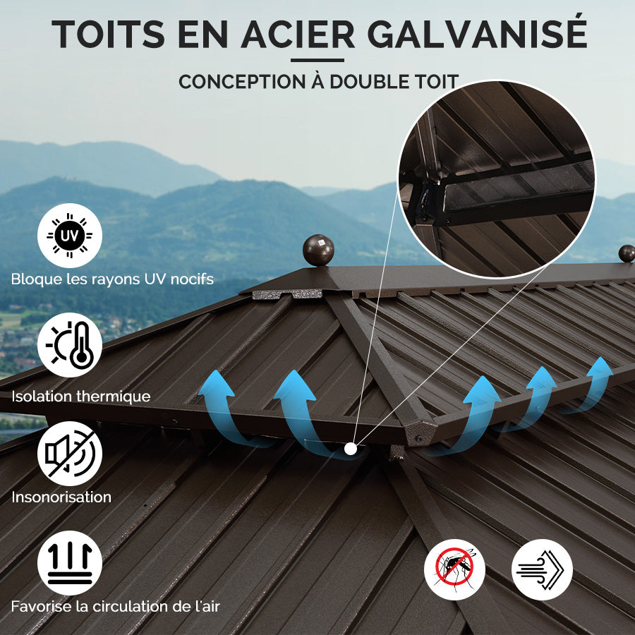 PURPLE LEAF Tonnelle De Jardin Tonnelle Pergola Aluminum Avec Moustiquaire Et Rideaux Pavillon De Jardin à Double Toit Acier Galvanisé, Bronze