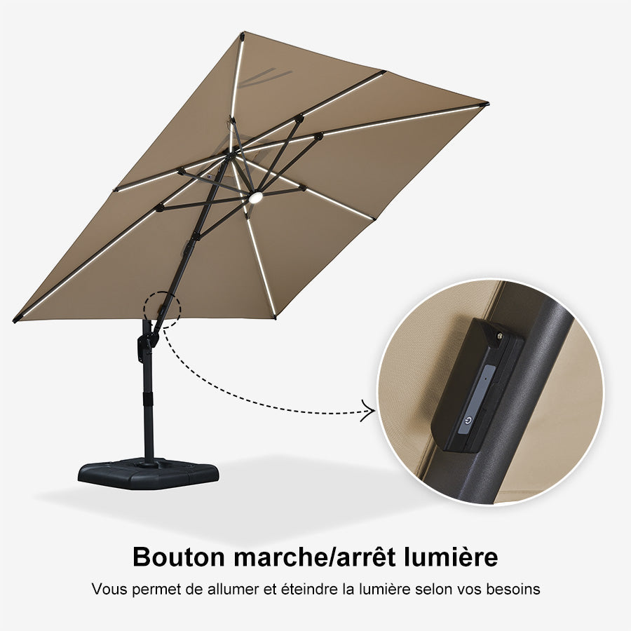 PURPLE LEAF Parasol Déporté avec LED Solaire 3 x 3 m Carré Inclinable avec socle