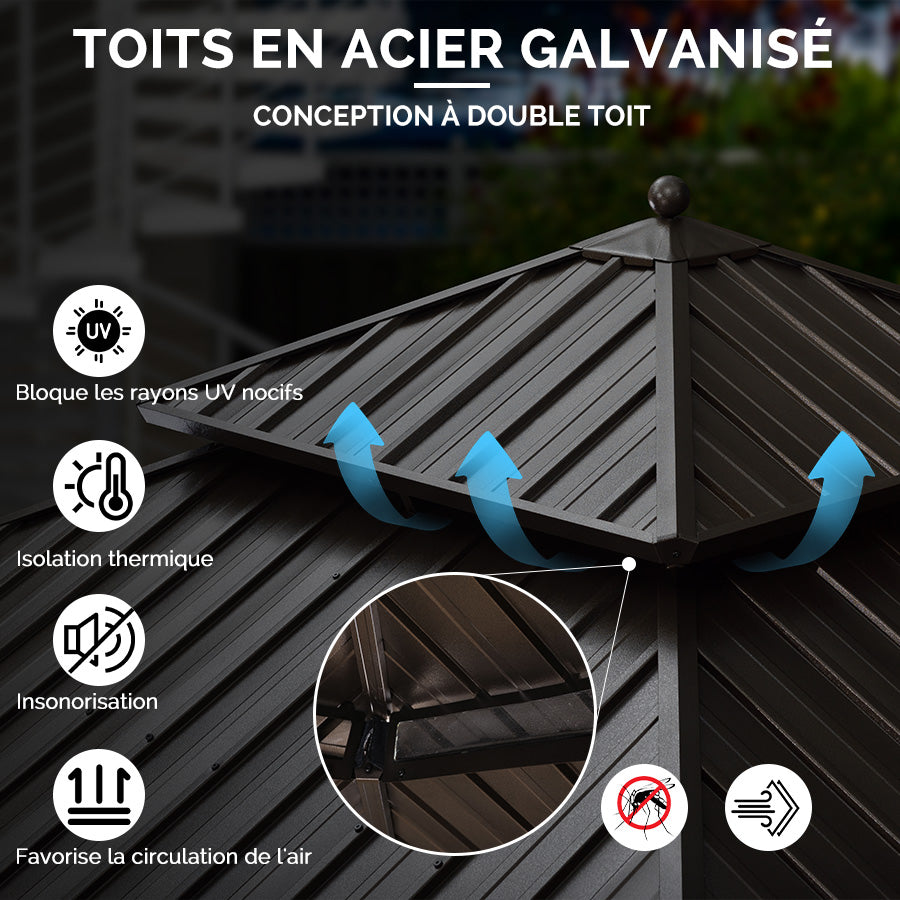 PURPLE LEAF Tonnelle De Jardin Tonnelle Pergola Aluminum Avec Moustiquaire Et Rideaux Pavillon De Jardin à Double Toit Acier Galvanisé, Bronze