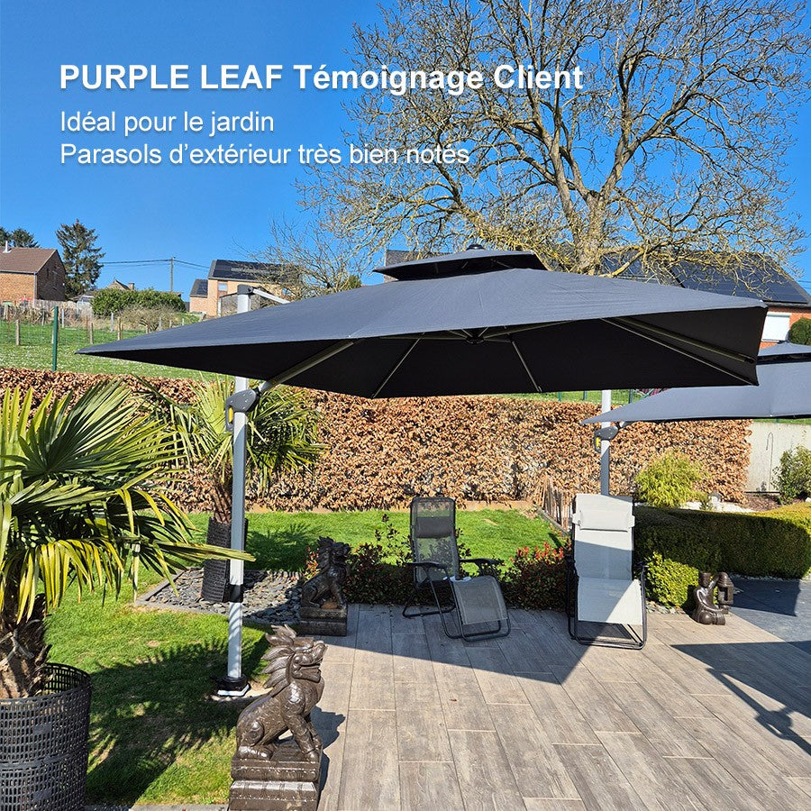 PURPLE LEAF Parasol Déporté Inclinable, Parasol De Jardin Exterieur Toit à Double Rotatif 360°,Parasol Terrasse Exterieur Luxueux