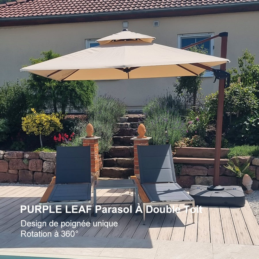 PURPLE LEAF Parasol Déporté Inclinable Grain de Bois en Aluminium Parasol De Jardin Extérieur Toit à Double Rotatif 360°