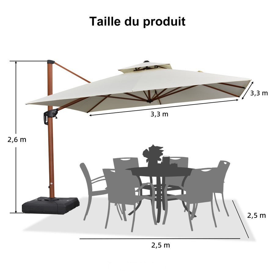 PURPLE LEAF Parasol Déporté Carré Grain de Bois en Aluminium avec socle