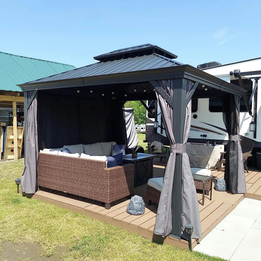 PURPLE LEAF Tonnelle De Jardin Exterieur Tonnelle Pergola Aluminum Avec Moustiquaire Et Rideaux Pavillon De Jardin à Double Toit Acier Galvanisé, Gris