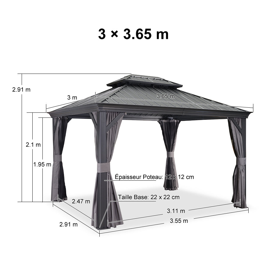 PURPLE LEAF Tonnelle De Jardin Exterieur Tonnelle Pergola Aluminum Avec Moustiquaire Et Rideaux Pavillon De Jardin à Double Toit Acier Galvanisé, Gris